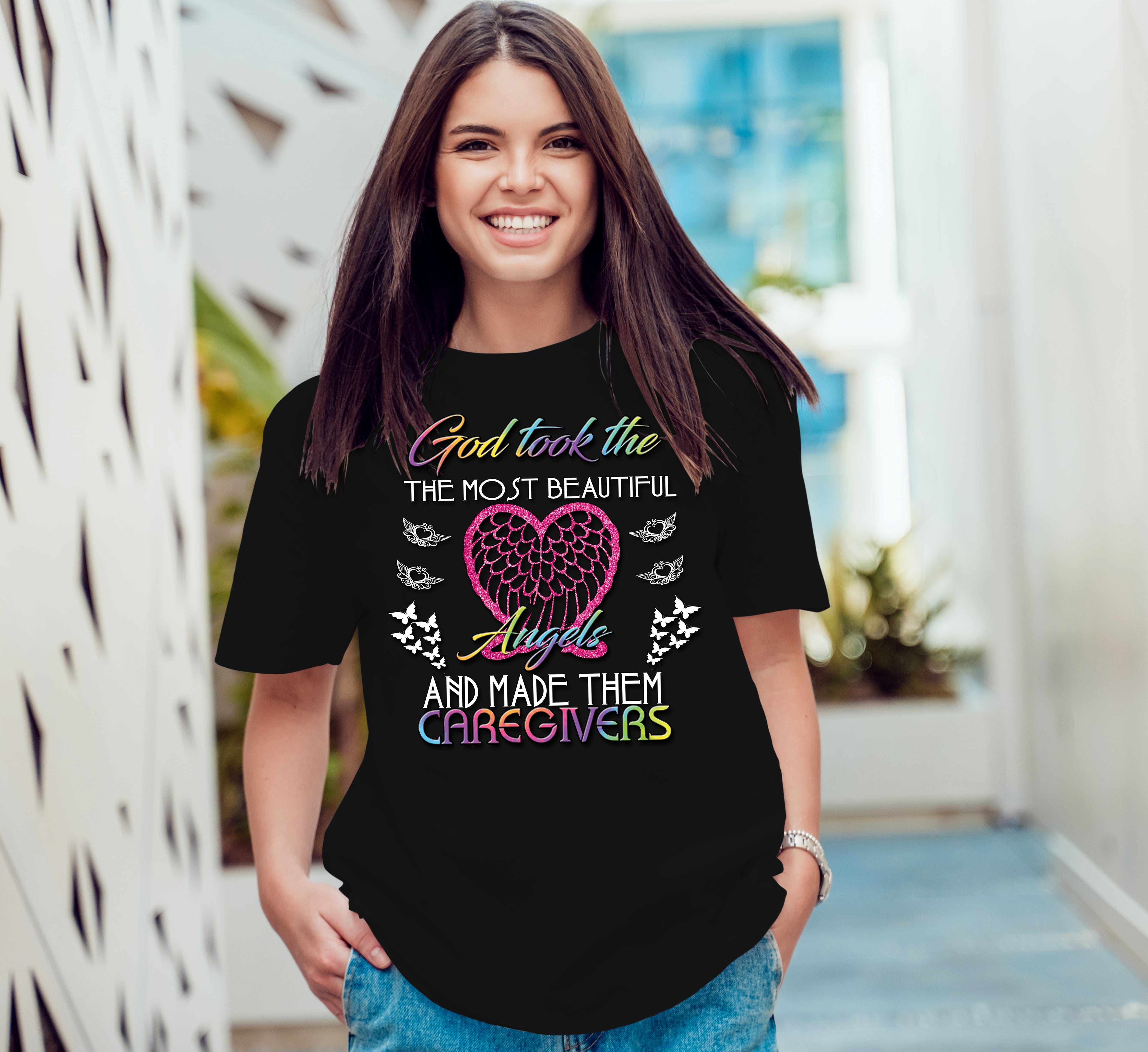 God Took The Most Beautiful Angels and Made Them Caregivers Glitter T-Shirt